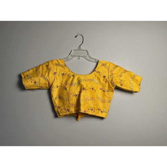 Yellow Saree Blouse with Round Neck, Floral Print, and Round Back Drop Design - Picture 1 of 5